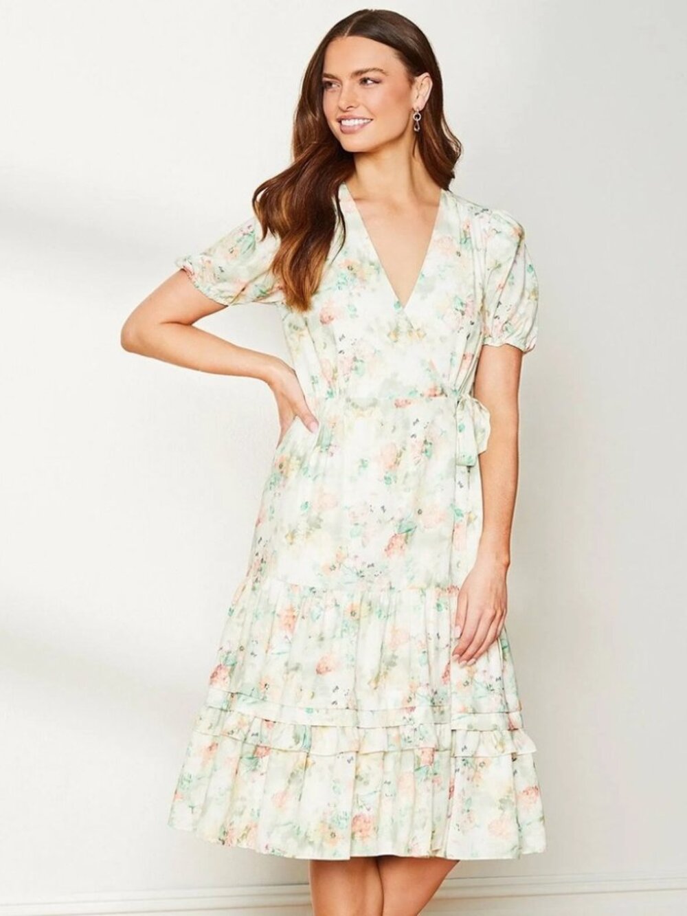 Alex Marie Irena Floral Botanical Midi Puff Sleeve Wrap Dress Sze 18 Cottagecore - Picture 1 of 9